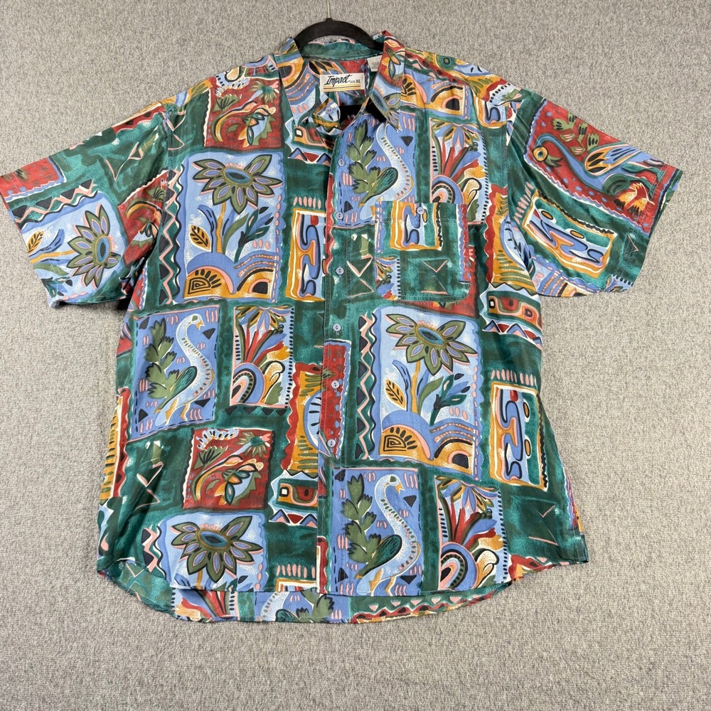 Vintage Impact Mens XL Silk Button Down Shirt Abstract Geometric Bird Print